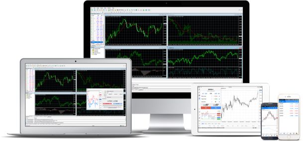computer, laptop and phone displays shorwing different trading charts