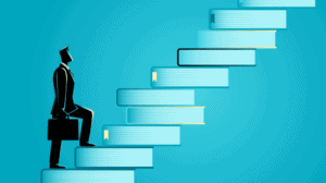 Illustration of man with a briefcase climbing a flight of stairs 