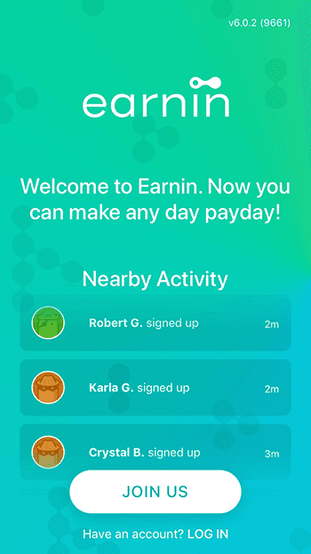 Screengrab of Earnin app's registration page with the Join Us call to action