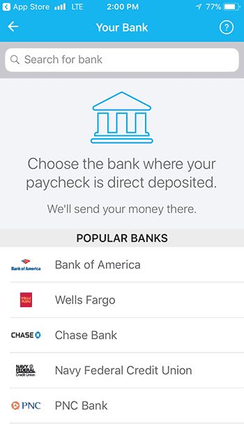 Earnin payment method page listing popular banks where app deposits approved loans