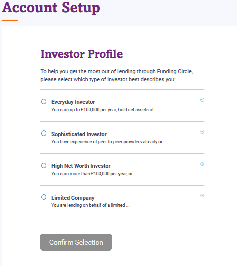 Screengrab of Funding Circle investor account setup page 