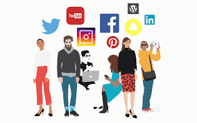 Illustration of different individuals alongside different social media icons 